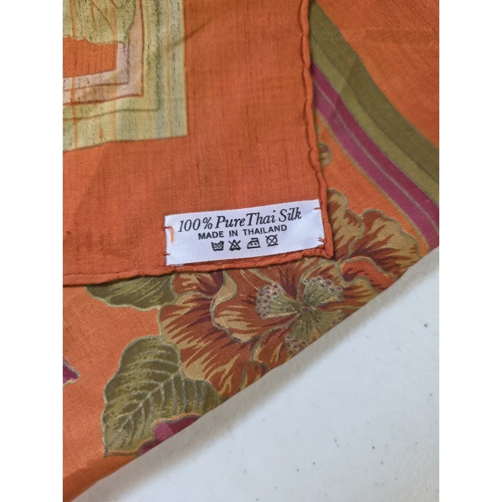 Pure Thai Silk Scarf Orange Floral Square Head Neck Bag Wrap Accessory Vintage